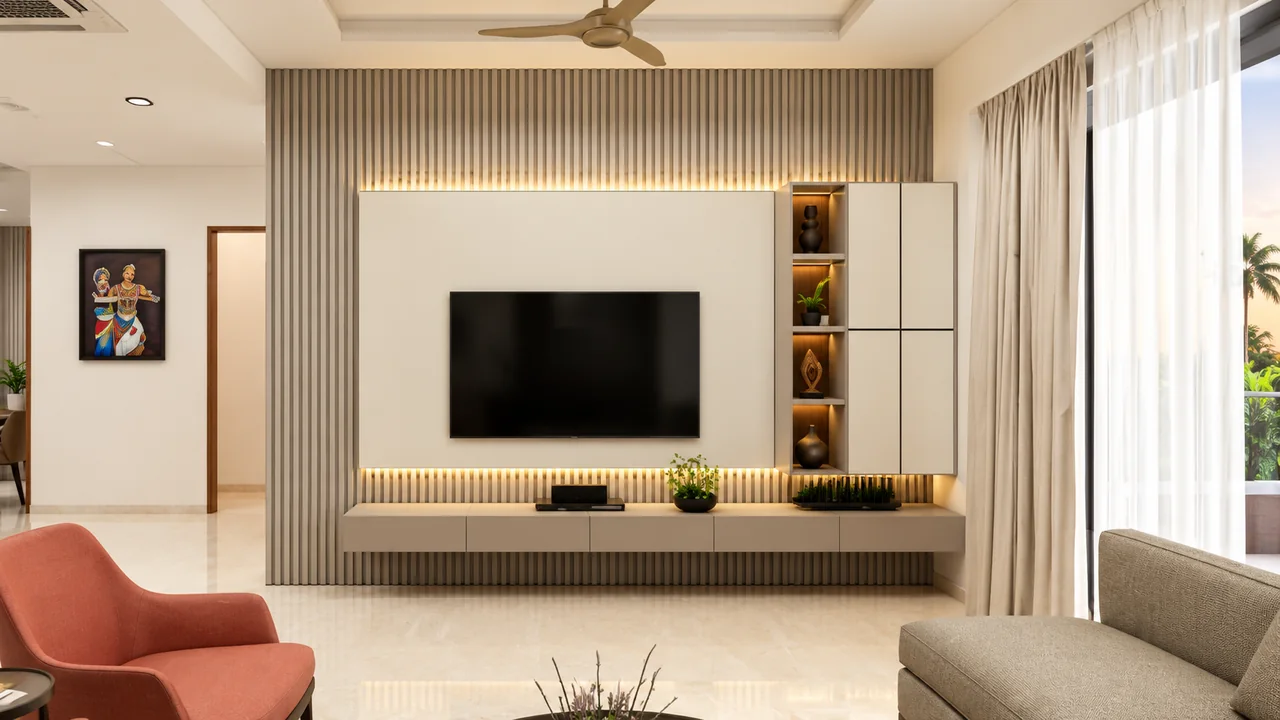 Unnatii living room: a slatted feature wall with warm cove lighting, a floating media console and full-height sheer curtains