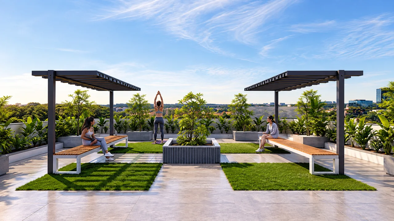 The Unnatii landscaped rooftop terrace with a yoga deck, lawn, timber benches under two pergolas and planters